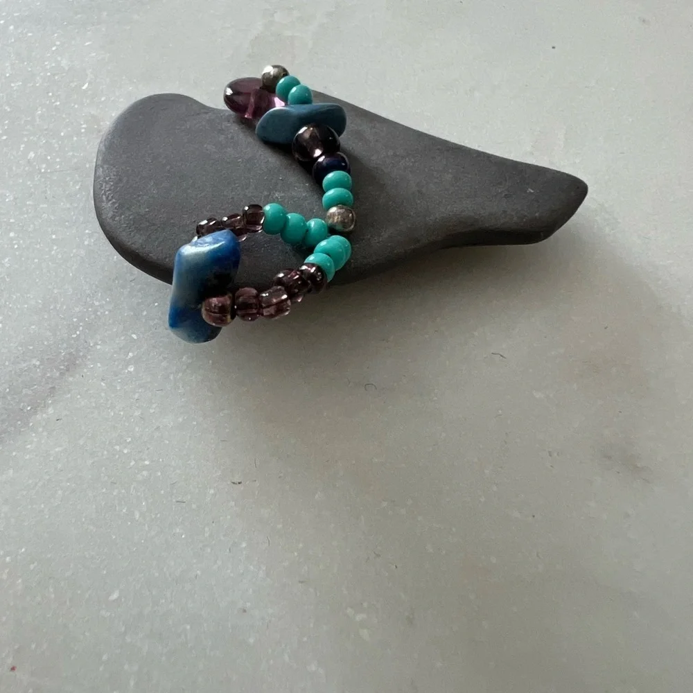 Vintage Turquoise color and Blue Beaded Brooch with stone shaped bear